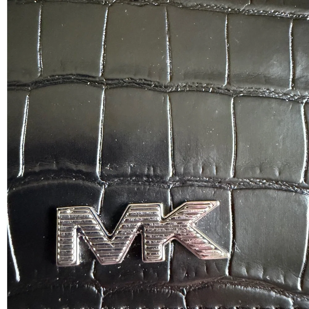 Michael Kors Mens Black Croc Embossed Leather Bifold Wallet Silver MK Logo